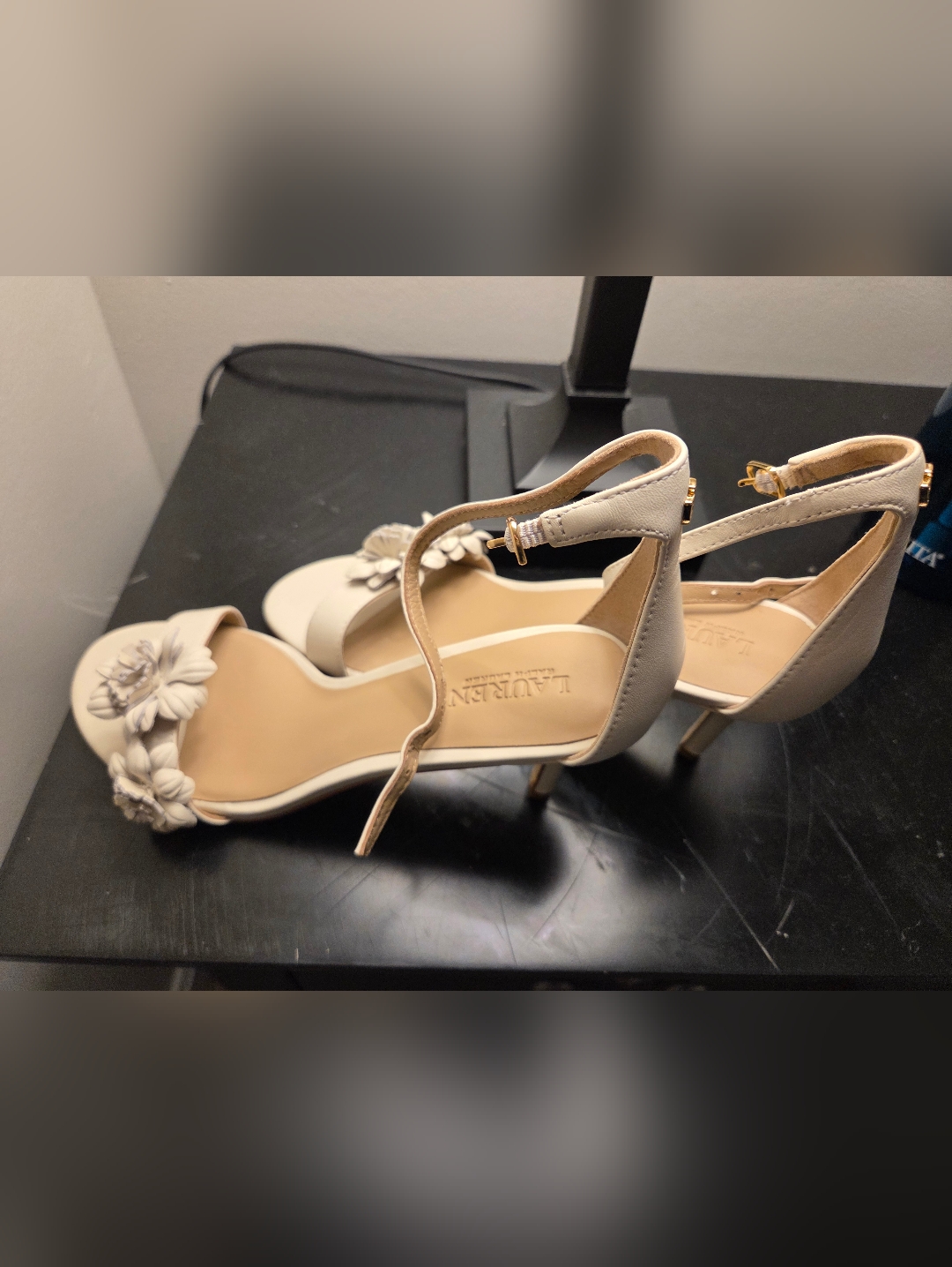 Ralph Lauren Cream Floral Ankle-Strap Heels